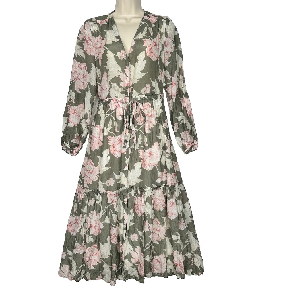 La Vie Rebecca Taylor Floral Silk Blend Maxi Dress XS Green Pink Button Front